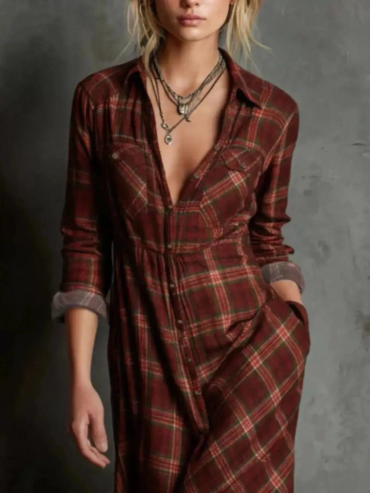 Women’s classic plaid button-down maxi dress with pockets by Plush Fashion Hub, featuring a stylish relaxed fit and front pockets.