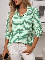Women's classic striped long sleeve button-up shirt by Trendsi, perfect for versatile office wear, shown in a stylish, fitted design.