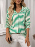 Women’s classic striped long sleeve button-up shirt by Trendsi, versatile office wear, featuring a tailored fit and stylish design.