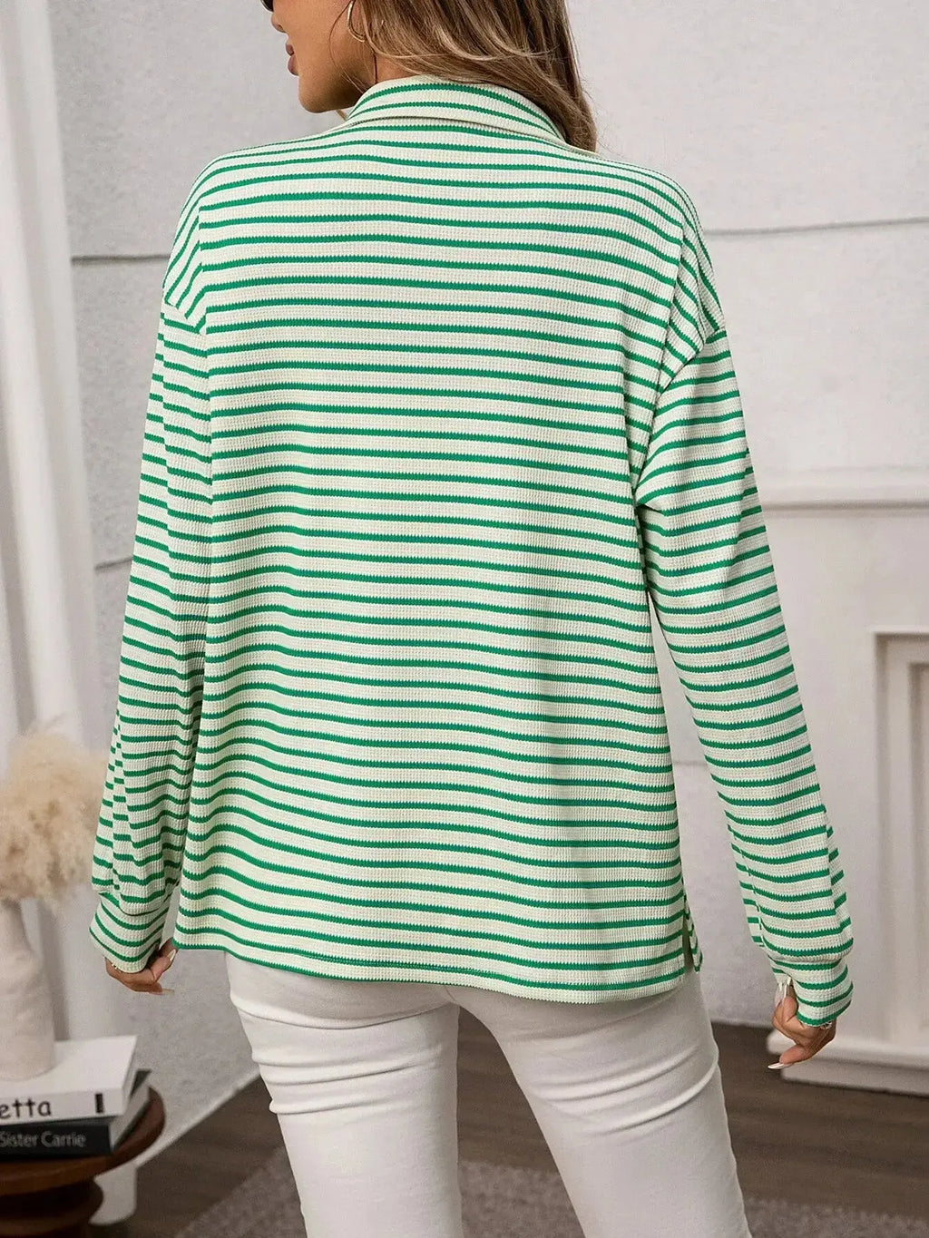 Women’s classic striped long sleeve button-up shirt by Trendsi, versatile office wear, featuring a stylish collar and button front.