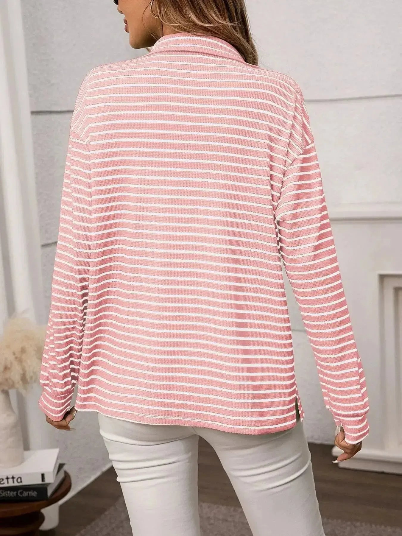 Women’s classic striped long sleeve button-up shirt by Trendsi, versatile office wear, featuring a tailored fit and timeless design.