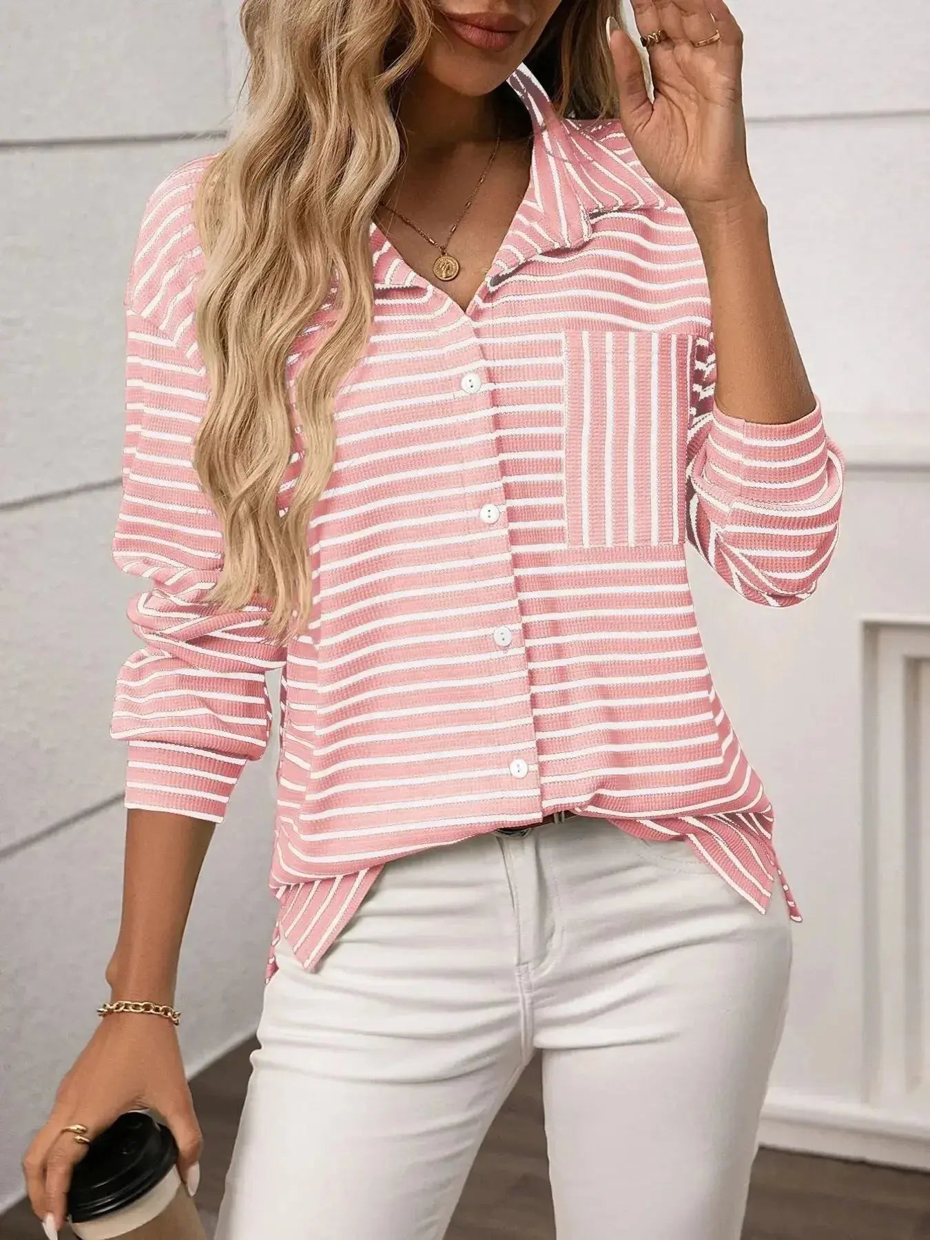 Women's classic striped long sleeve button-up shirt from Trendsi, perfect for versatile office wear and professional style.