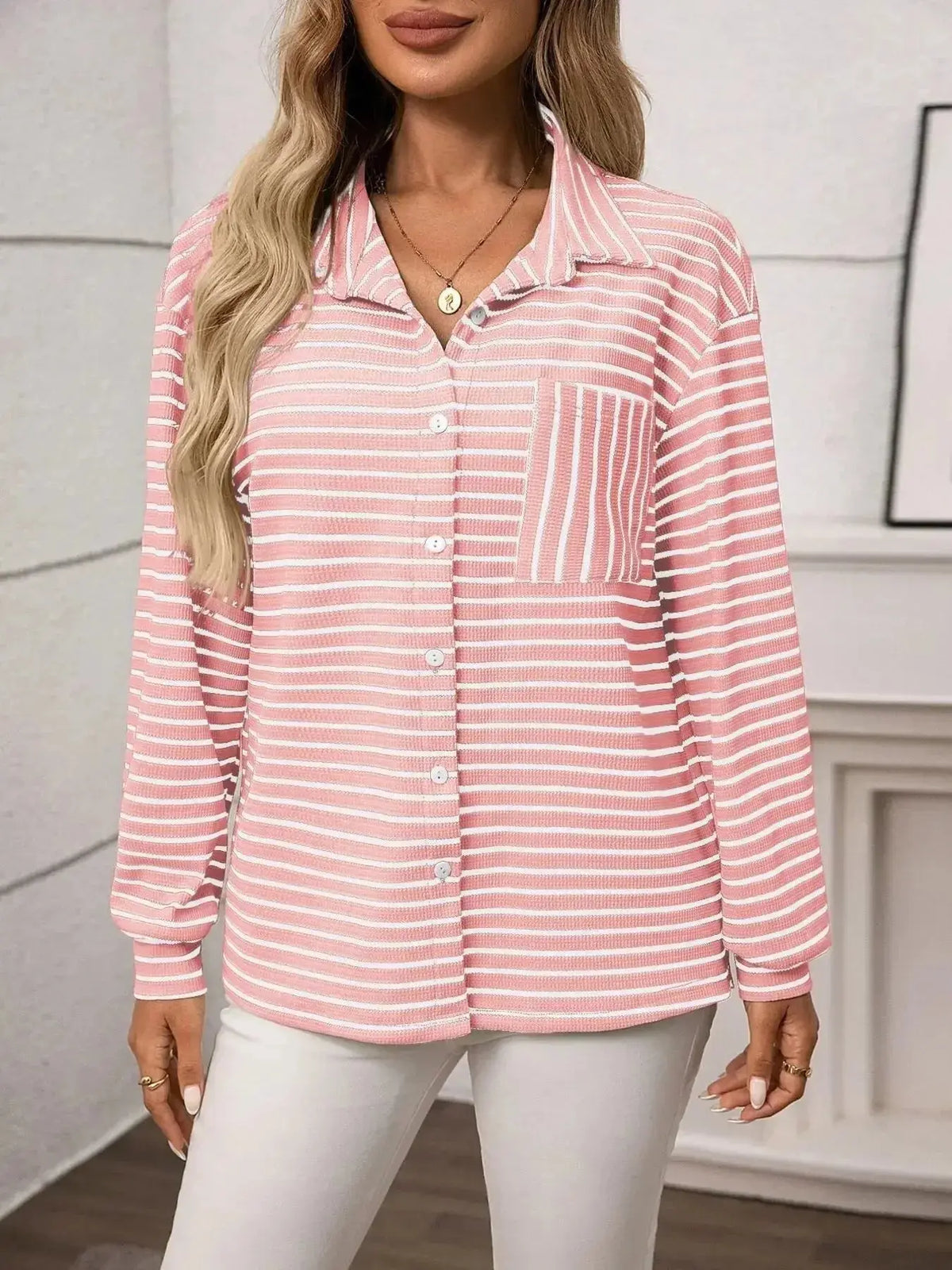 Women’s classic striped long sleeve button-up shirt from Plush Fashion Hub, suitable for office wear with versatile style.