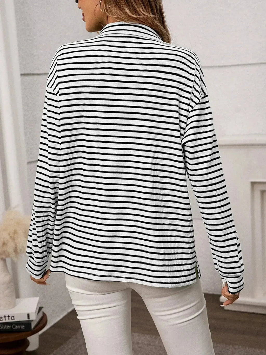 Women's classic striped long sleeve button-up shirt by Trendsi, perfect for versatile office wear, featuring a stylish, timeless design.