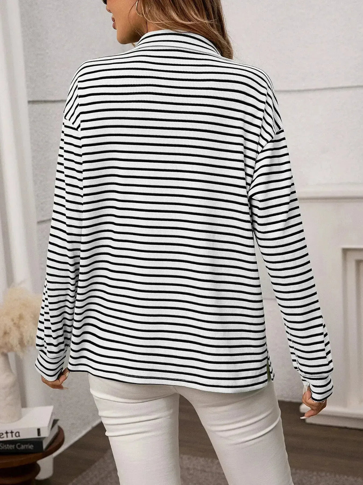 Women’s classic striped long sleeve button-up shirt from Plush Fashion Hub, suitable for office wear and versatile styling.