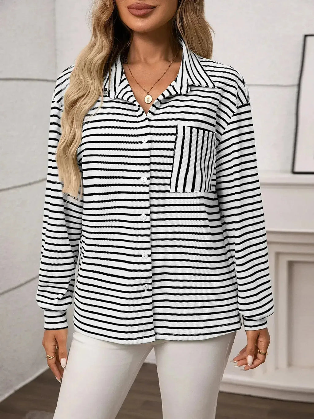 Women’s classic striped long sleeve button-up shirt by Trendsi, versatile office wear, featuring a tailored fit and button front.