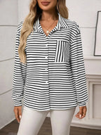 Women’s classic striped long sleeve button-up shirt by Trendsi, versatile office wear, featuring a tailored fit and button front.