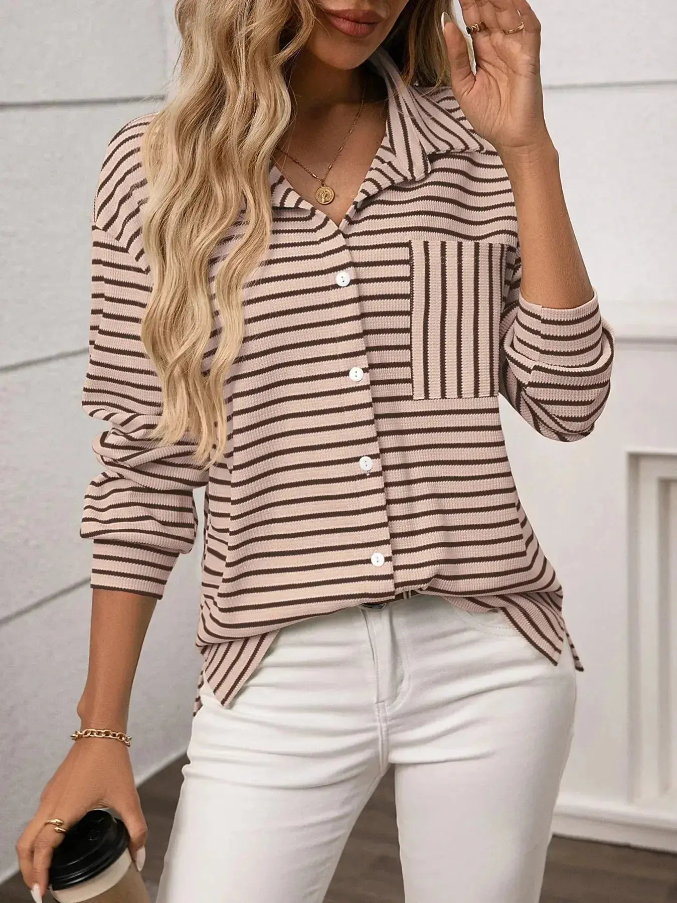 Women’s classic striped long sleeve button-up shirt by Trendsi, suitable for office wear, featuring a timeless design and comfortable fit.