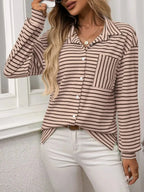 Women’s classic striped long sleeve button-up shirt by Trendsi, perfect for versatile office wear, with a tailored fit and collar.