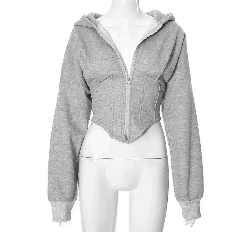 Women’s cropped long-sleeve zipper hooded cardigan by Plush Fashion Hub, featuring a plush fabric and casual hooded design.
