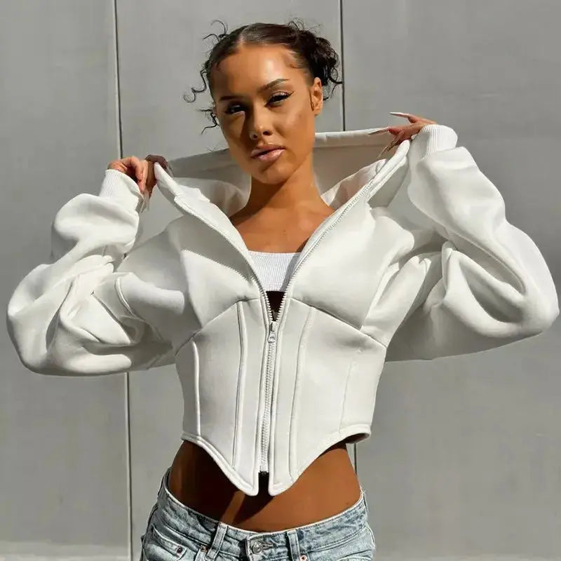 Women’s cropped long-sleeve zipper hooded cardigan by Plush Fashion Hub, shown in a casual fit with a front zipper and hood.