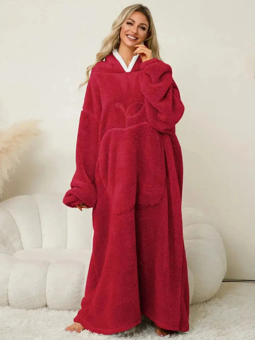 Women’s contrast hooded long sleeve lounge dress with pockets, cozy pajamas from Plush Fashion Hub, soft and comfortable sleepwear.