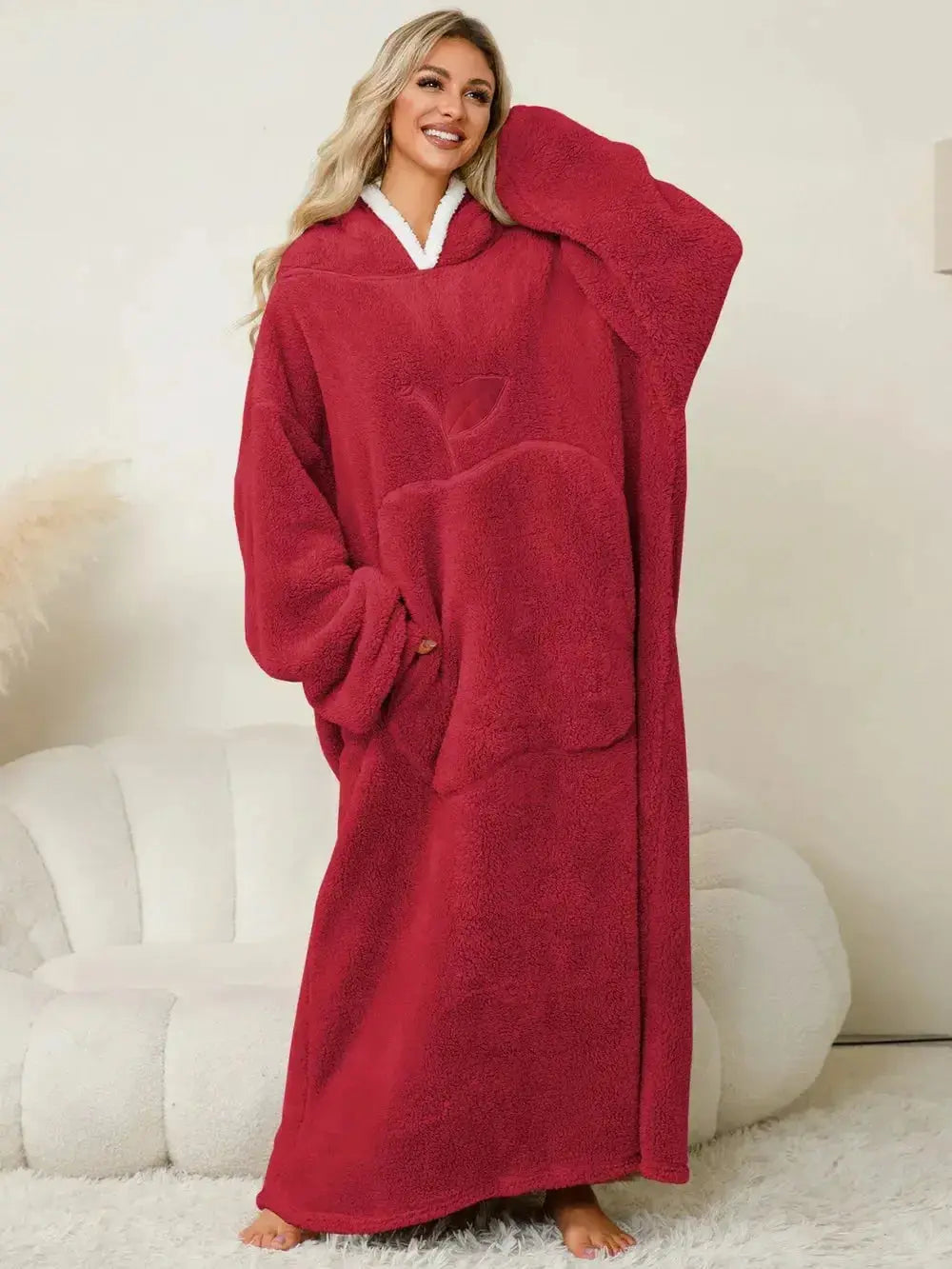 Women’s contrast hooded long sleeve lounge dress with pockets by Plush Fashion Hub, casual pajama style in soft fabric.