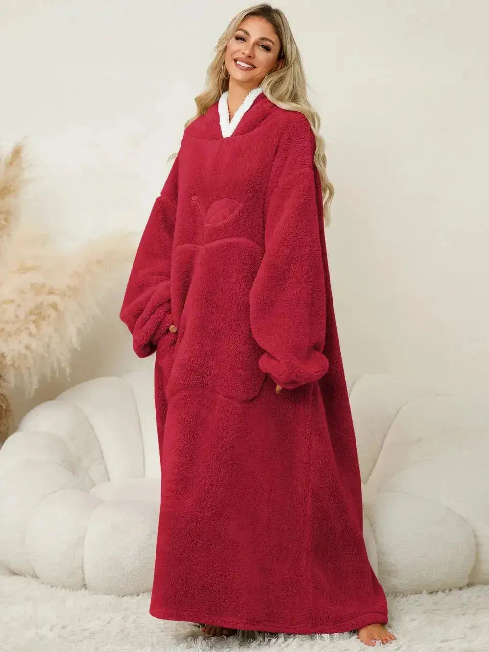 Women’s contrast hooded long sleeve lounge dress with pockets, comfortable pajamas by Plush Fashion Hub, perfect for relaxing at home.