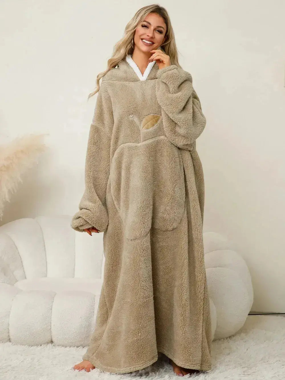 Women’s contrast hooded long sleeve lounge dress with pockets, soft pajamas from Plush Fashion Hub, casual and comfortable sleepwear.