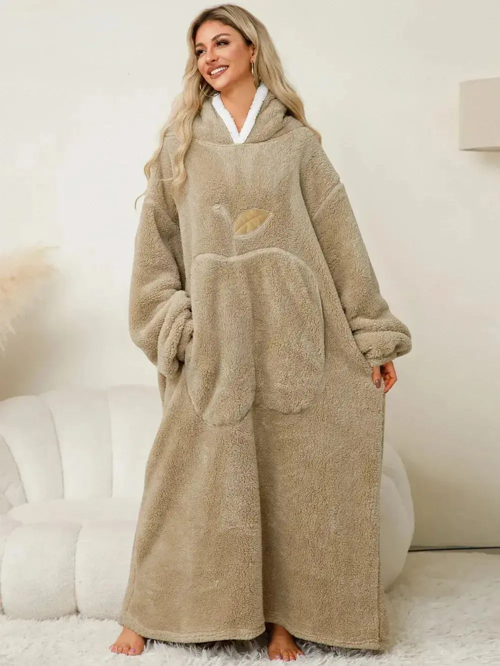 Women’s contrast hooded long sleeve lounge dress with pockets, soft pajamas by Plush Fashion Hub, cozy and comfortable for relaxing.