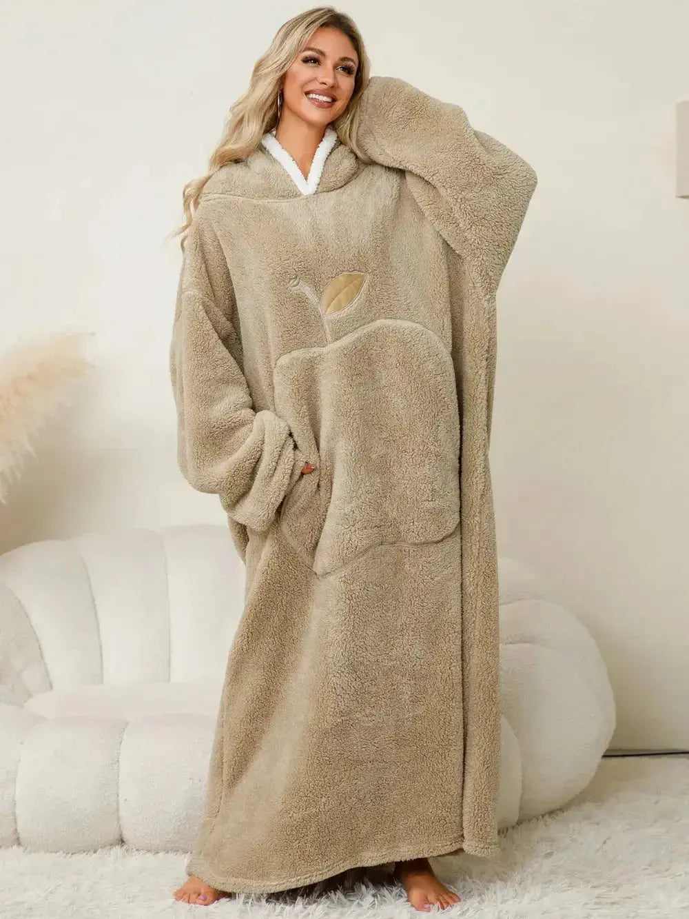 Women’s contrast hooded long sleeve lounge dress with pockets, cozy pajamas by Plush Fashion Hub, casual and comfortable sleepwear.