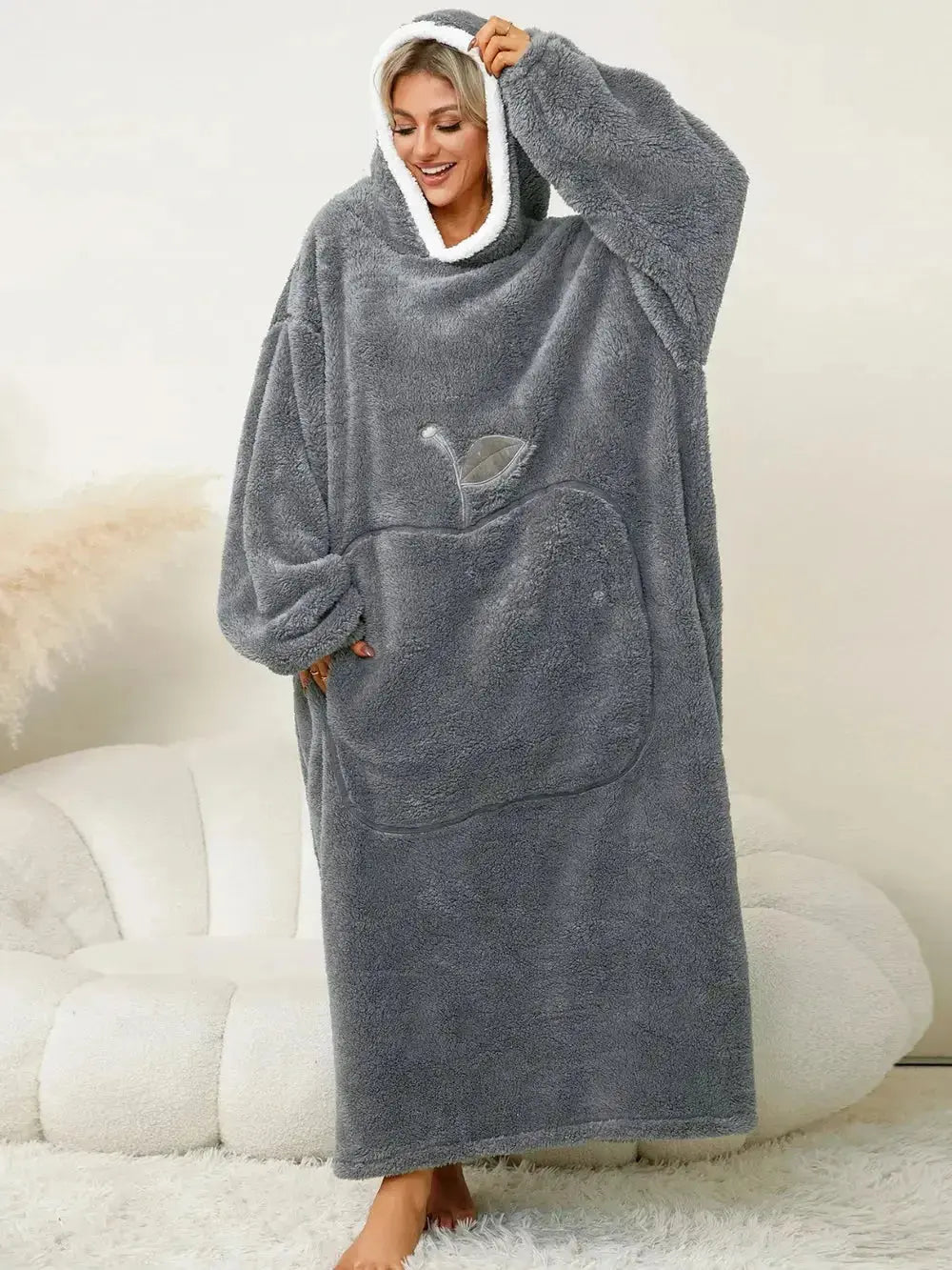 Women’s contrast hooded long sleeve lounge dress with pockets, made by Plush Fashion Hub, perfect for comfortable home wear.