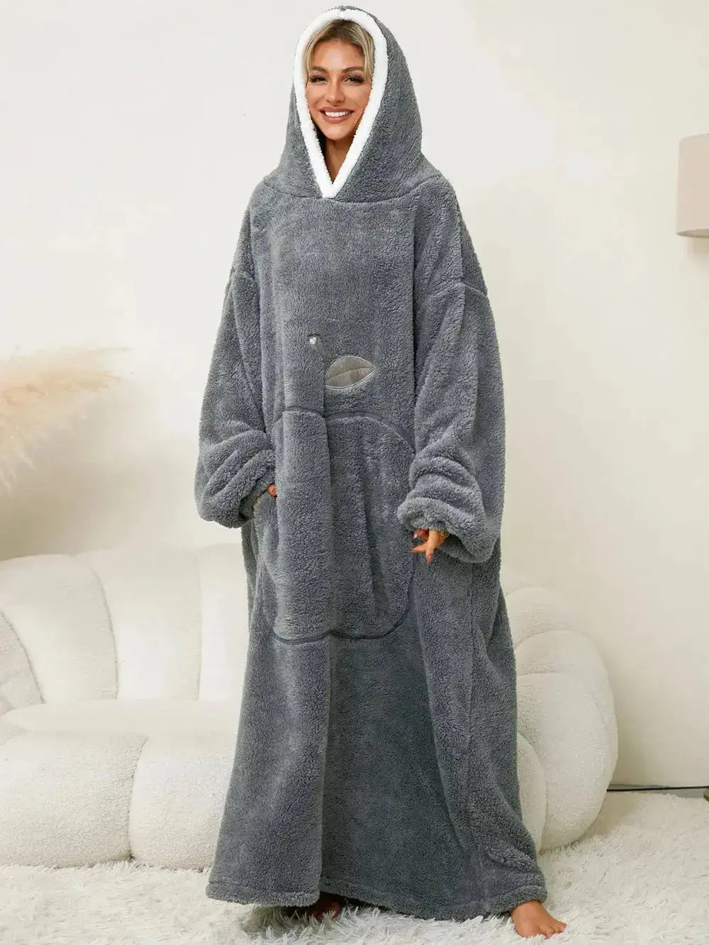 Women’s contrast hooded long sleeve lounge dress with pockets, soft pajamas by Plush Fashion Hub, ideal for comfortable casual wear.