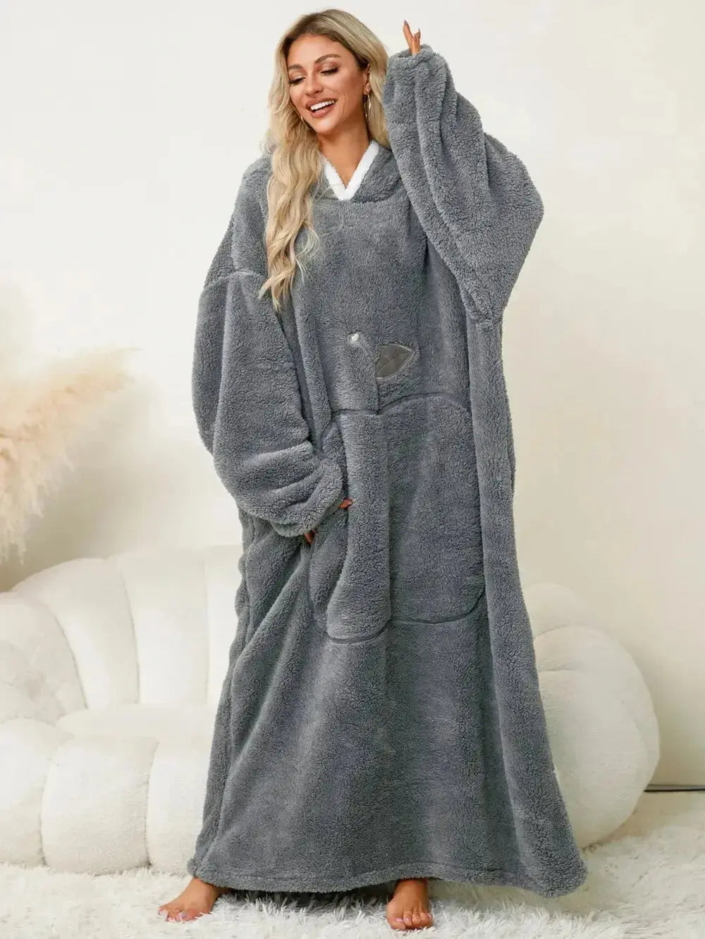 Women’s contrast hooded long sleeve lounge dress with pockets, made by Plush Fashion Hub, perfect for cozy indoor wear.