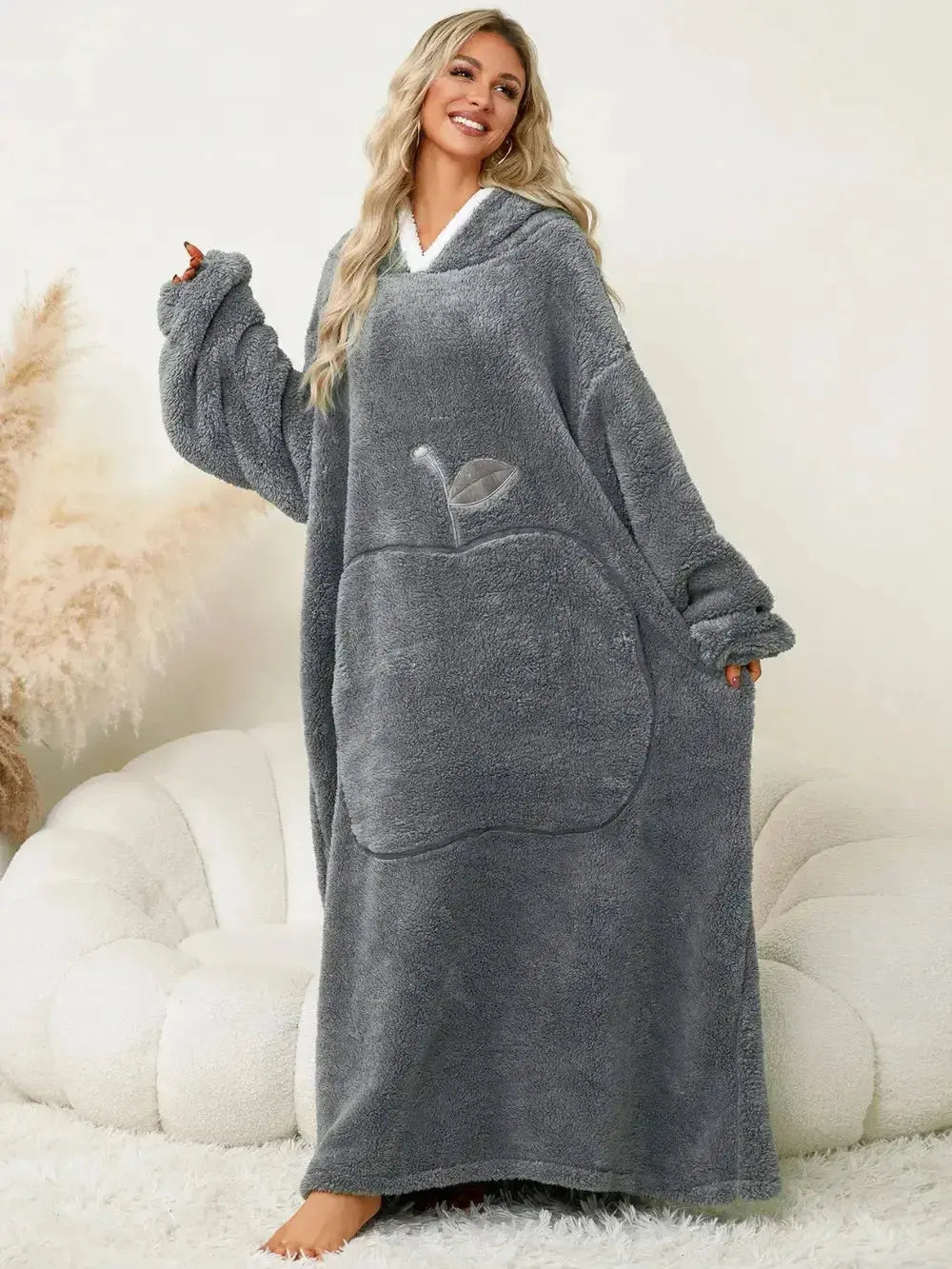 Women’s contrast hooded long sleeve lounge dress with pockets, made by Plush Fashion Hub, cozy pajama style for relaxed comfort.