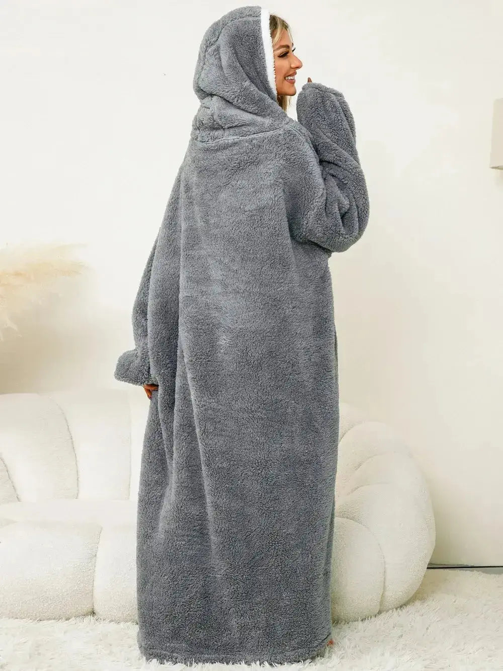 Women’s contrast hooded long sleeve lounge dress with pockets, soft pajamas by Plush Fashion Hub, casual and comfortable sleepwear.
