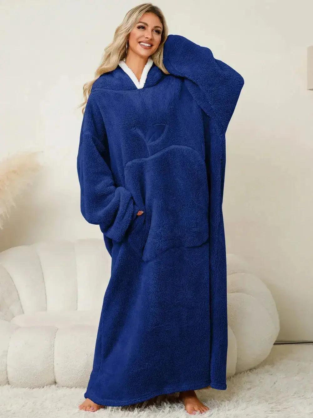 Women’s contrast hooded long sleeve lounge dress with pockets from Plush Fashion Hub, cozy pajama style for relaxed wear.
