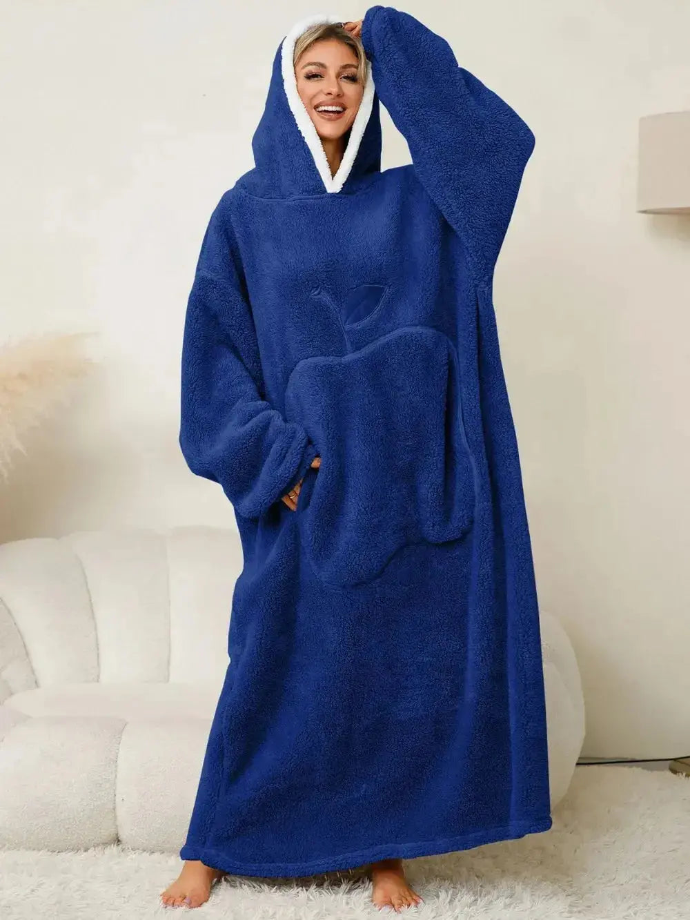 Women’s contrast hooded long sleeve lounge dress with pockets, made by Plush Fashion Hub, perfect for cozy home wear.