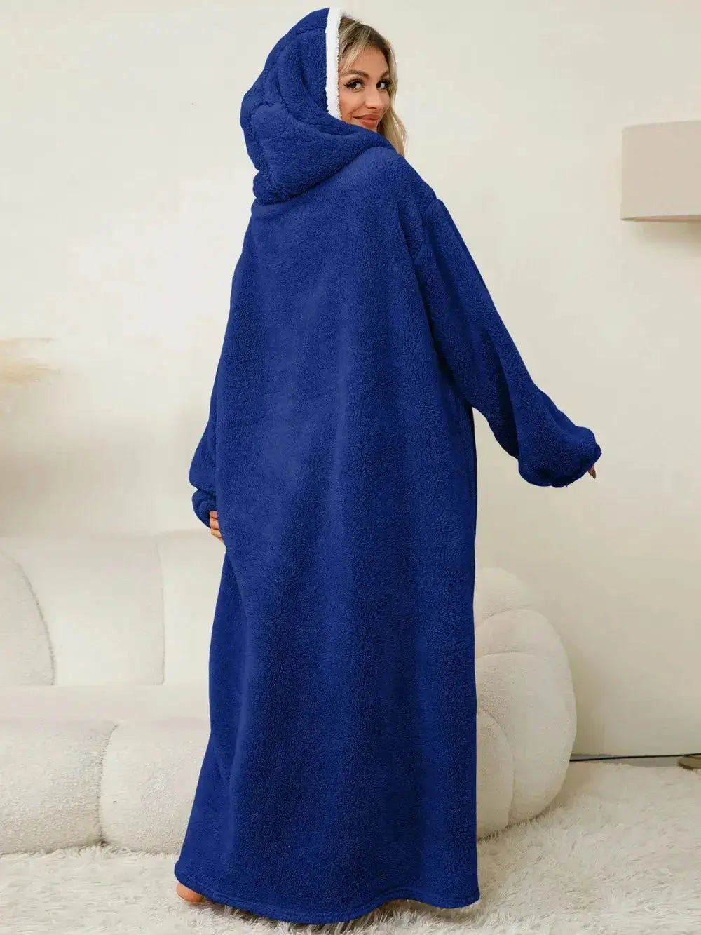 Women’s contrast hooded long sleeve lounge dress with pockets by Plush Fashion Hub, made for comfortable, stylish pajamas.