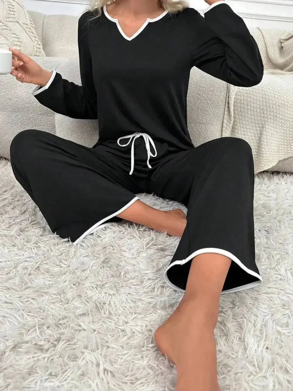 Women’s contrast trim long sleeve pajama set by Plush Fashion Hub, soft stretch loungewear with comfortable, stylish design.