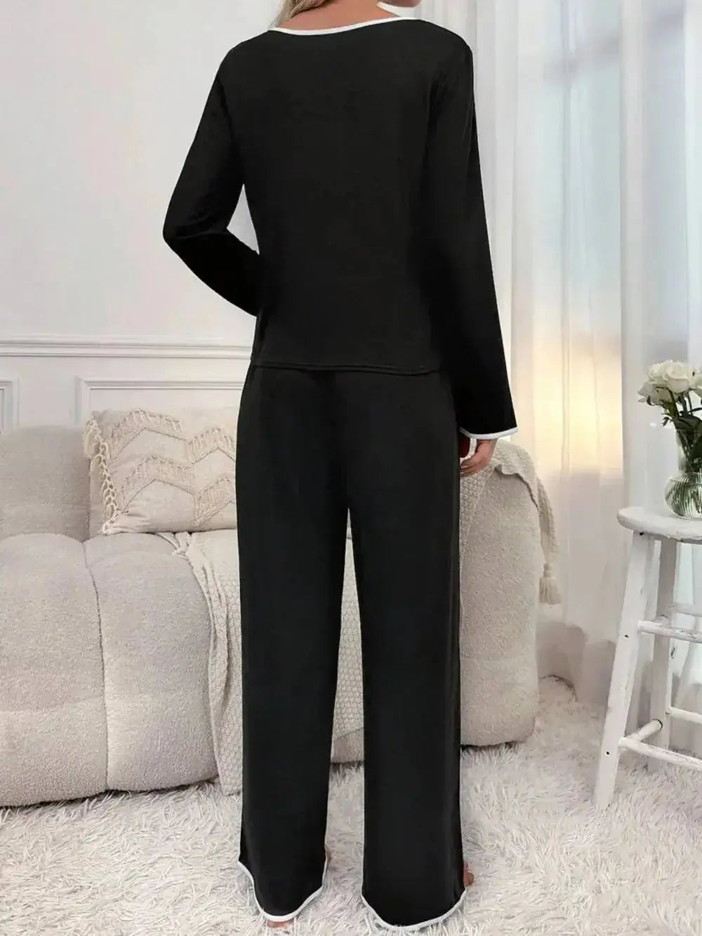 Women’s contrast trim long sleeve pajama set by Plush Fashion Hub, soft stretch loungewear with comfortable design.