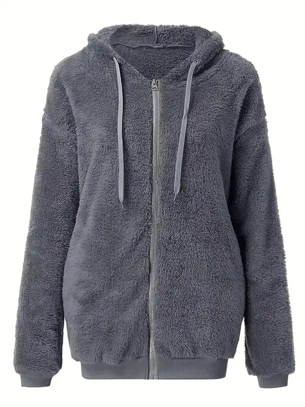 Women’s cozy fleece zip-up hoodie with drawstring from Trendsi, featuring a plush sweater design and comfortable fit.