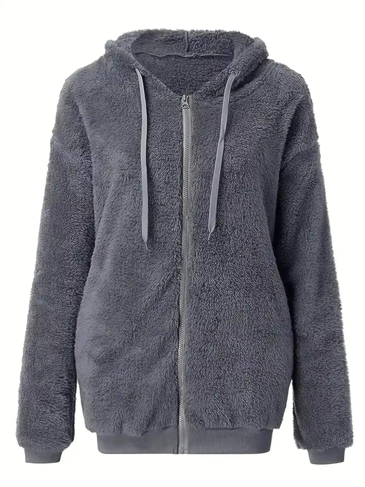 Women’s cozy fleece zip-up hoodie with drawstring by Plush Fashion Hub, featuring a soft, comfortable sweater style.