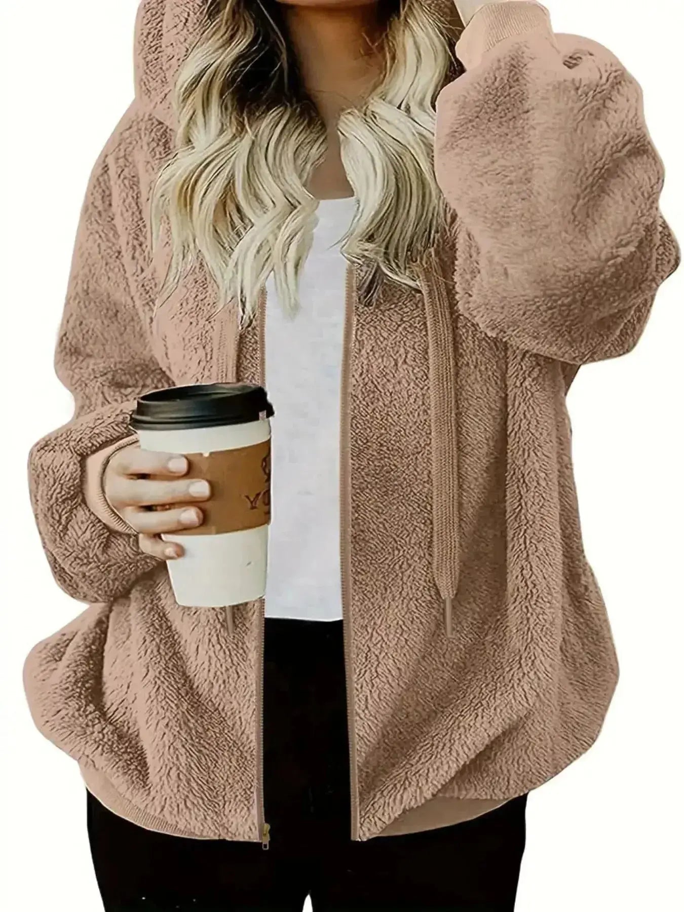 Women’s cozy fleece zip-up hoodie with drawstring from Plush Fashion Hub, featuring a comfortable fit and soft fabric.