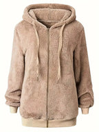 Women’s cozy fleece zip-up hoodie with drawstring, soft plush fabric, trendy sweater by Trendsi featuring a comfortable fit.