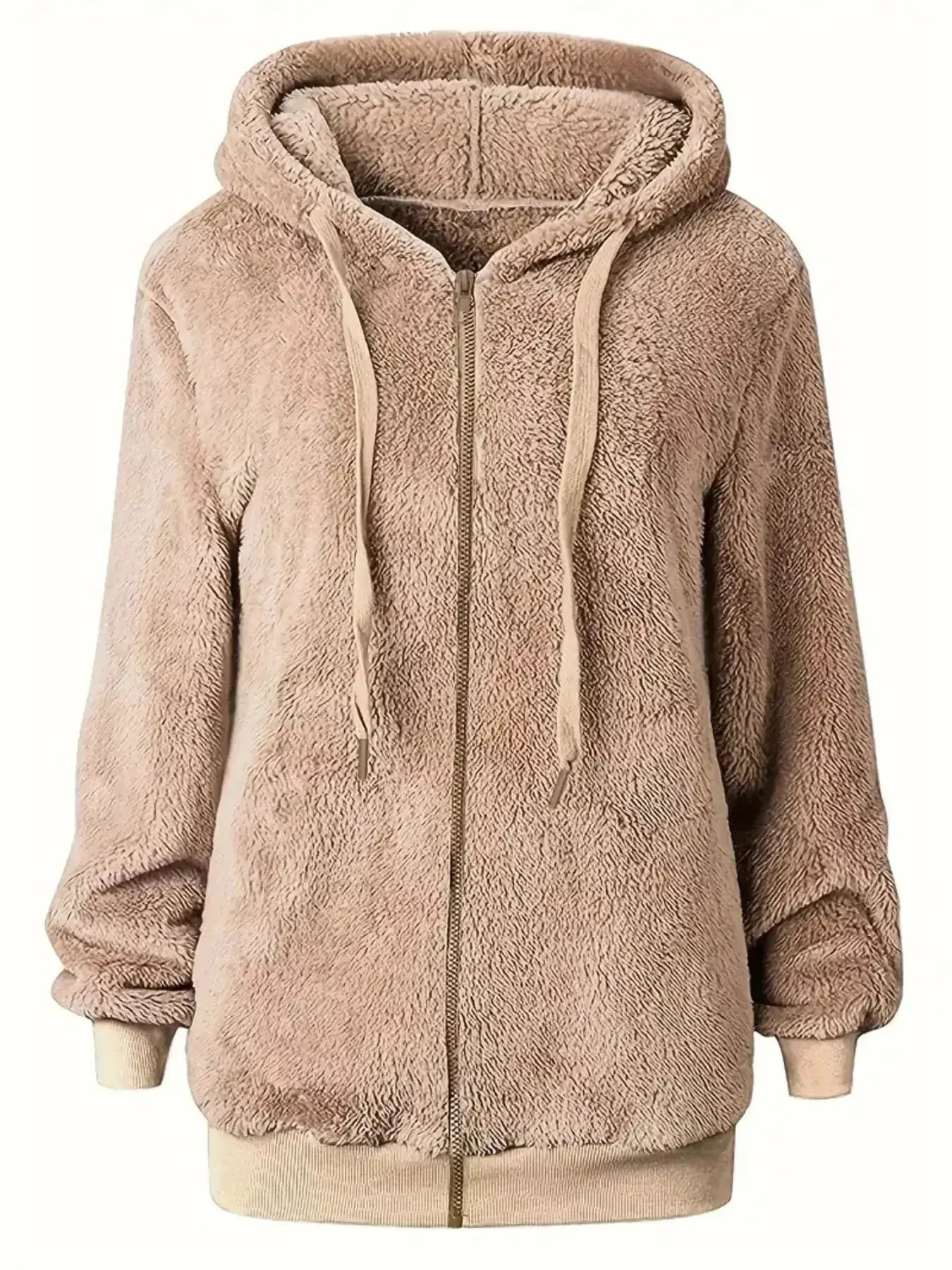 Women’s cozy fleece zip-up hoodie with drawstring, soft plush fabric, trendy sweater by Trendsi featuring a comfortable fit.