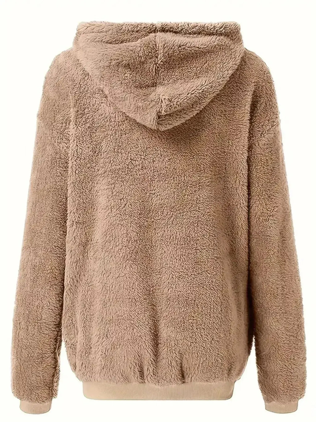 Women’s cozy fleece zip-up hoodie with drawstring, trendy sweater by Trendsi featuring plush fabric and casual style.