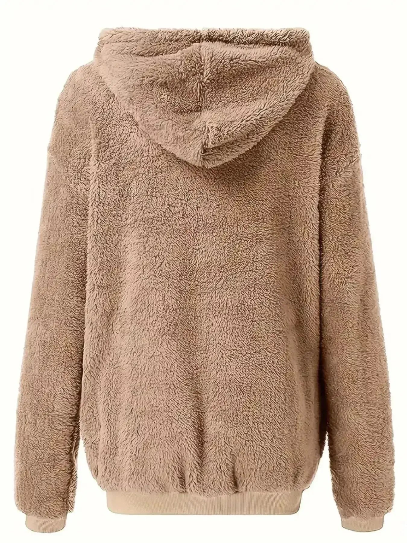 Women’s cozy fleece zip-up hoodie with drawstring, trendy sweater by Trendsi featuring plush fabric and casual style.