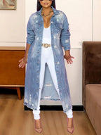 Women’s distressed raw hem denim jacket with long sleeves, classic cotton jean style, by Trendsi.