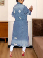 Women’s distressed raw hem denim jacket with long sleeves, classic cotton jean style, by Trendsi.