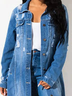 Women's distressed raw hem denim jacket with long sleeves, classic cotton jean style by Trendsi, shown on a model.