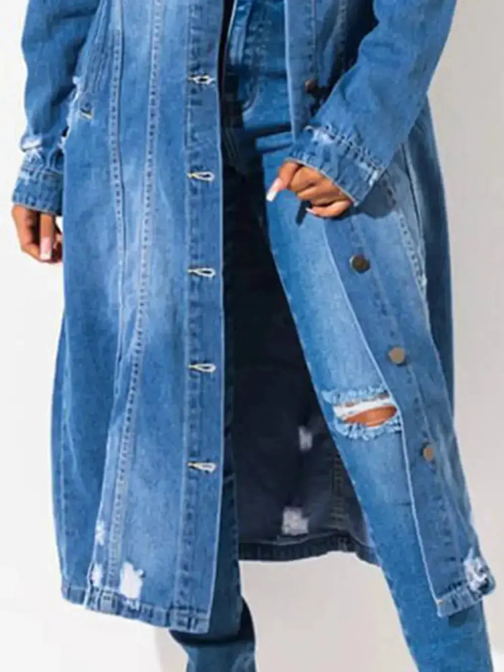 Women’s distressed raw hem denim jacket with long sleeves, classic cotton jean style, by Trendsi.