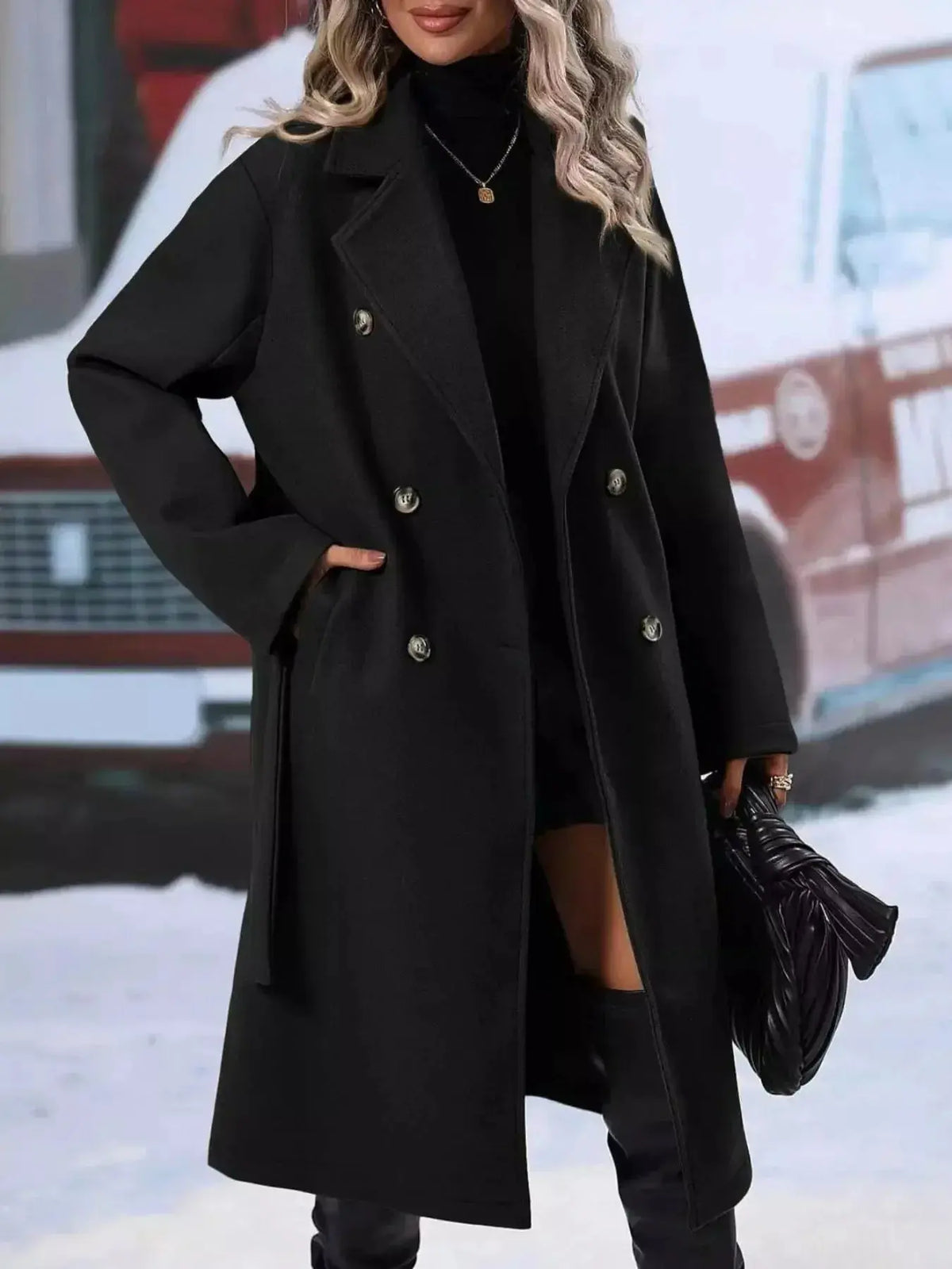 Women’s double-breasted trench coat with tie waist belt, stylish outerwear by Plush Fashion Hub, shown on a model.