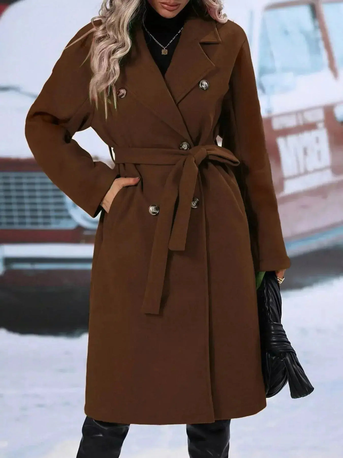 Women’s double-breasted trench coat with tie waist belt, stylish and lightweight, in classic beige from Plush Fashion Hub.
