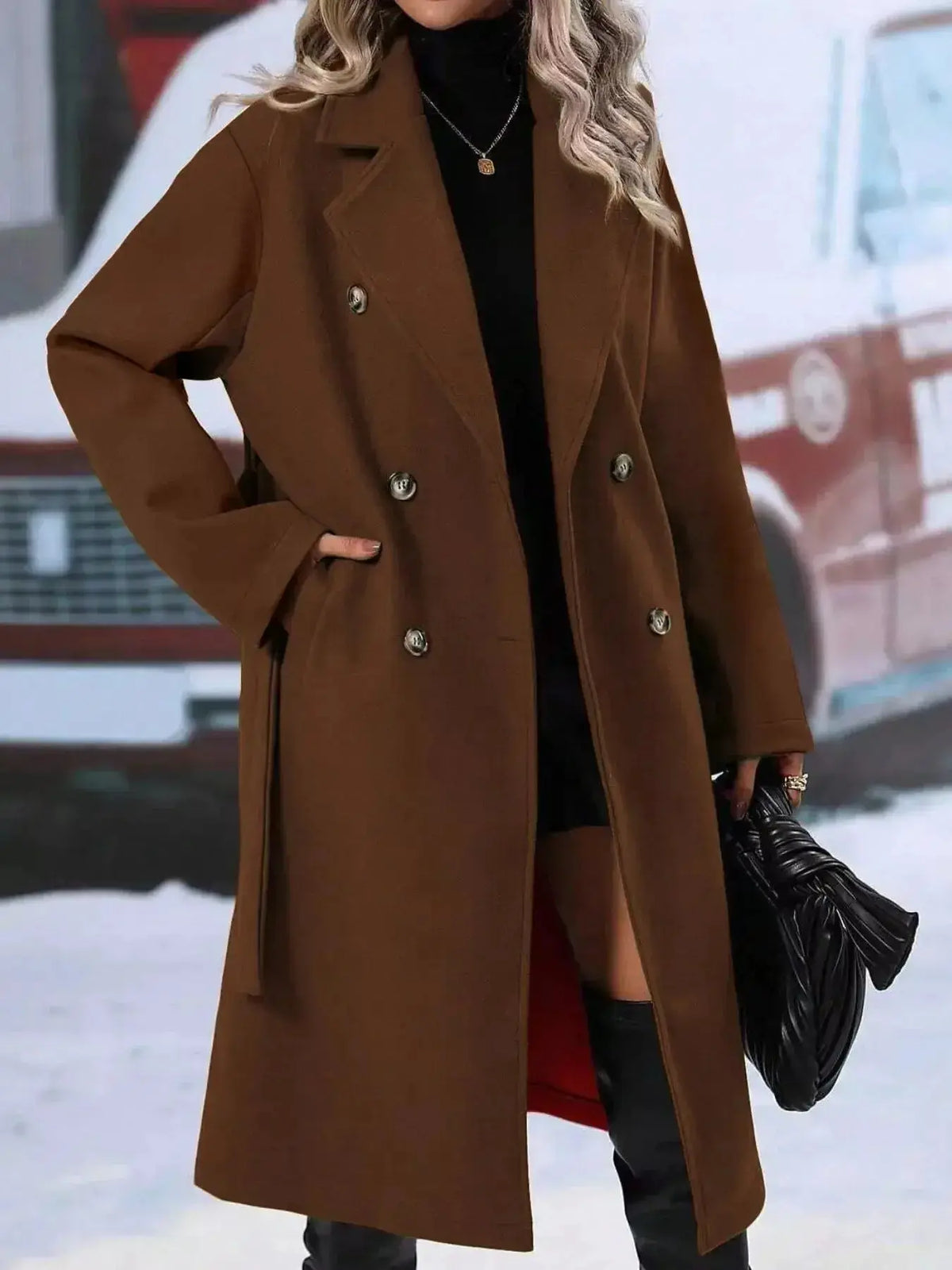 Women’s double-breasted trench coat with tie waist belt, stylish and tailored by Plush Fashion Hub, shown on a model.