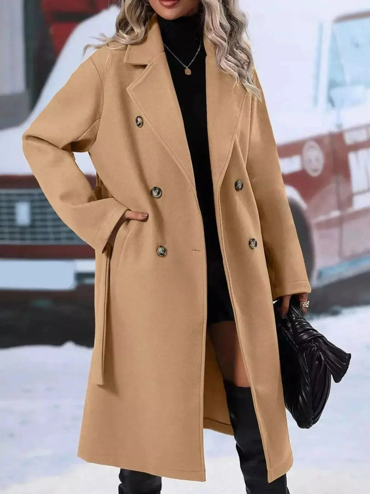 Women’s double-breasted trench coat with tie waist belt by Plush Fashion Hub, shown on a model, stylish and classic outerwear.