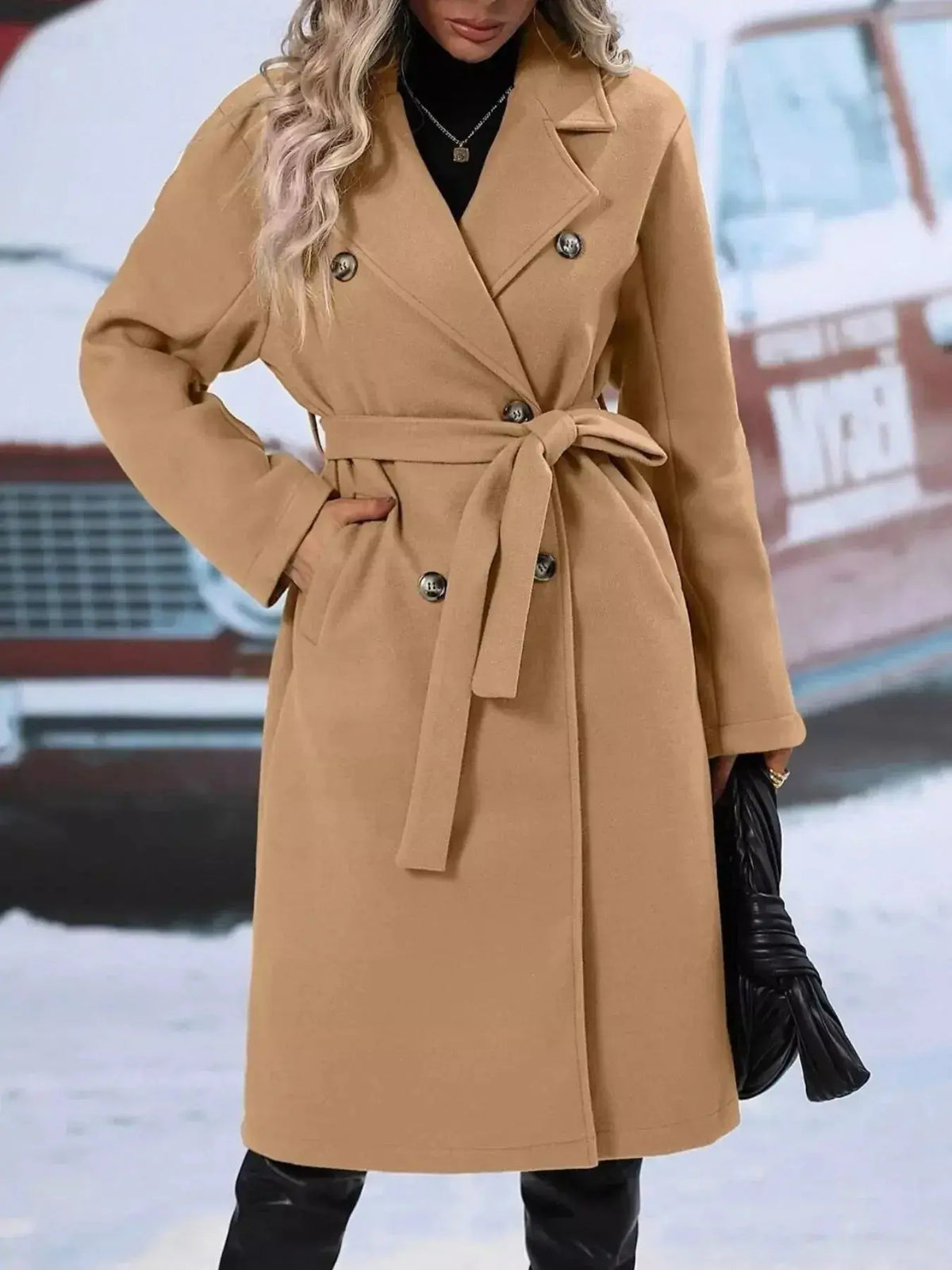 Women’s double-breasted trench coat with tie waist belt, stylish outerwear from Plush Fashion Hub, shown on a model.