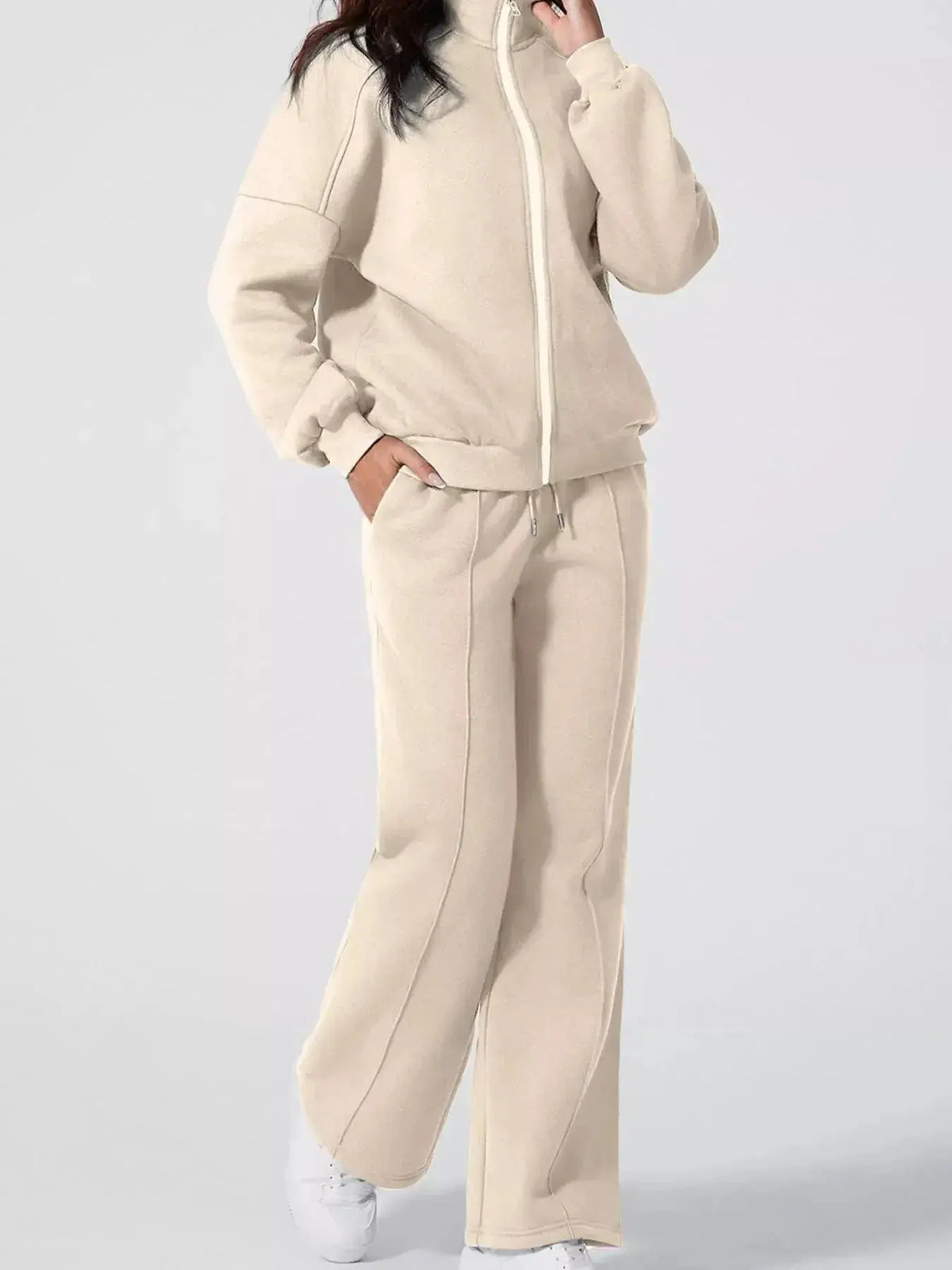 Women’s drop shoulder zip-up jacket and jogger sweat suit by Plush Fashion Hub, casual two-piece lounge set, comfortable and stylish.