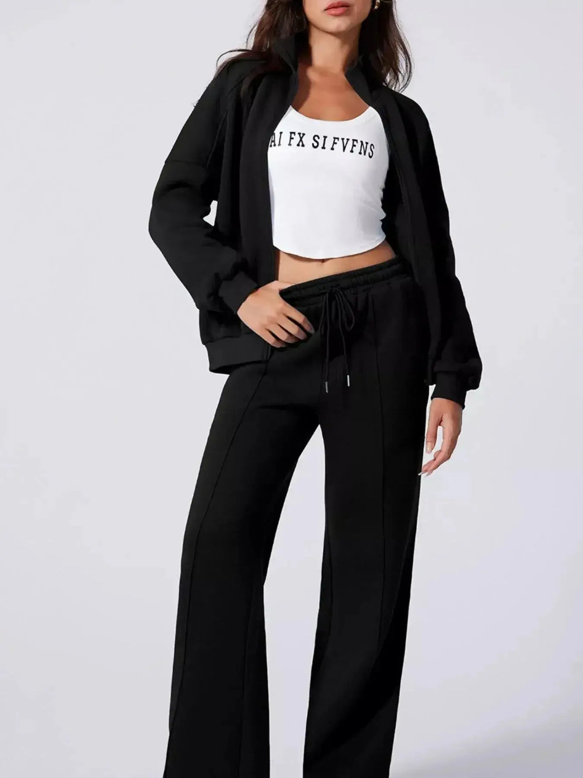 Women’s drop shoulder zip-up jacket and jogger two-piece lounge set by Plush Fashion Hub, casual sweat suit outfit.