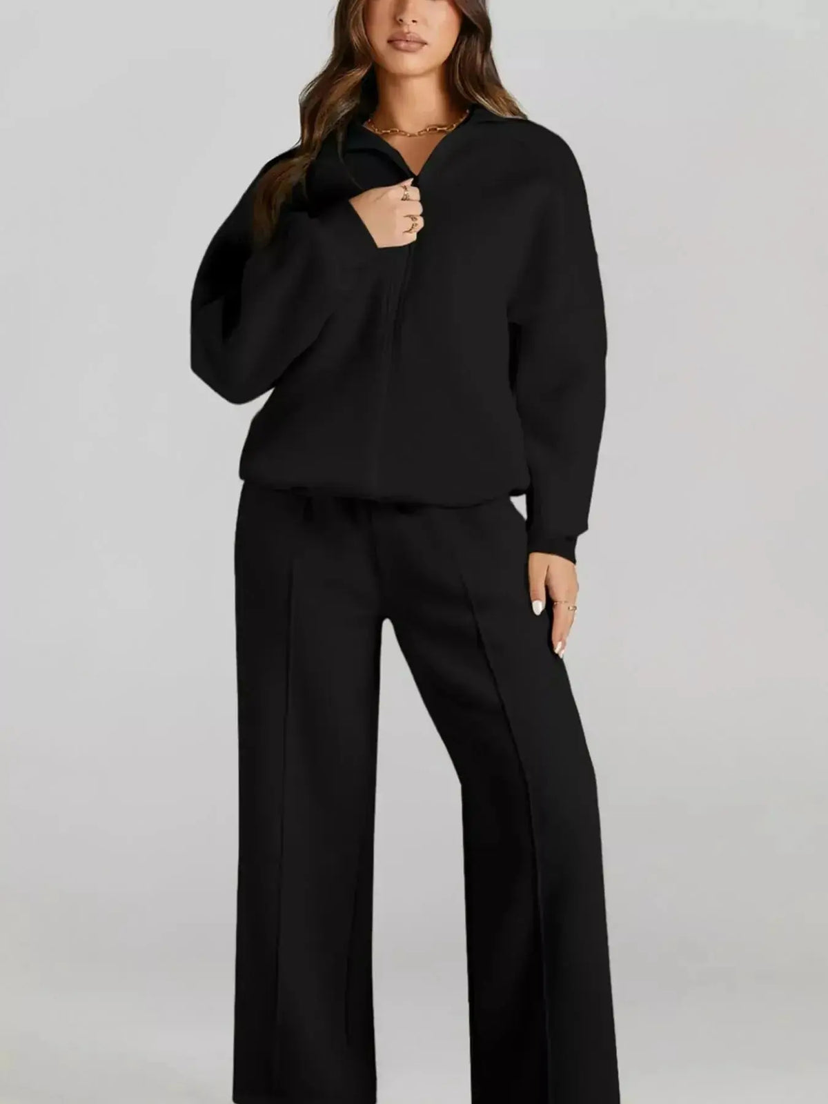 Women’s drop shoulder zip-up jacket and jogger lounge set by Plush Fashion Hub, cozy sweat suit with relaxed fit and casual style.